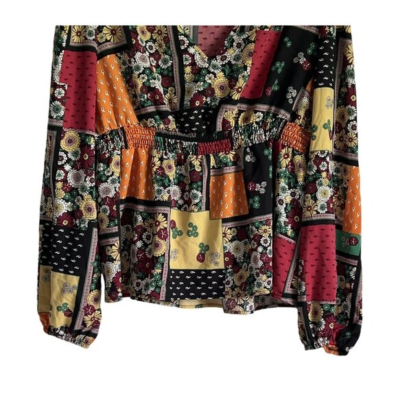 Shein Curve Womens Boho Floral Patchwork Print V-Neck Smocking Blouse 2XL - Picture 3 of 7